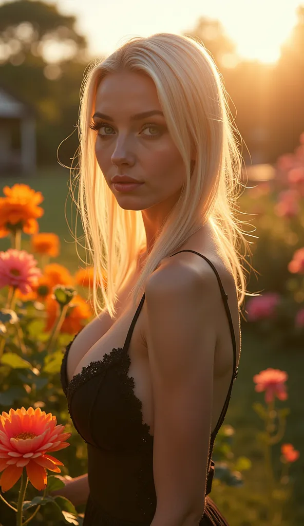 Realistic photograph of a vibrant, sunlit garden bathed in golden light, showcasing a lush composition of colorful flowers and dense foliage. In the background, an 18-year-old European emo-egirl stands subtly: pale skin, blue eyes, straight blonde hair ove...