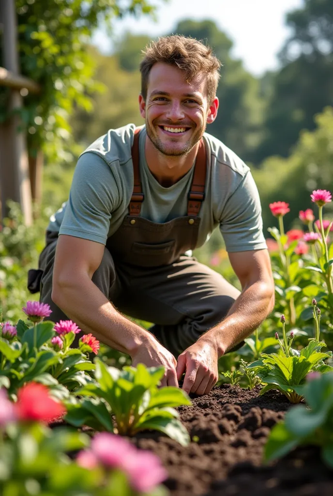 Picture of an entry-level  working in his garden very happy