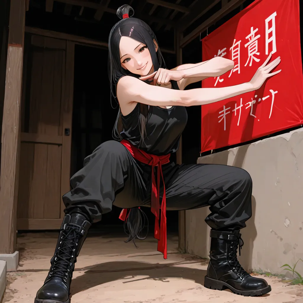 A ninja in red ninja style clothing,With a ninja in red ninja style clothing,tank top with black pants, With long black hair tie your feet, no bangs, wearing a black contoured boot,  standing smiling 