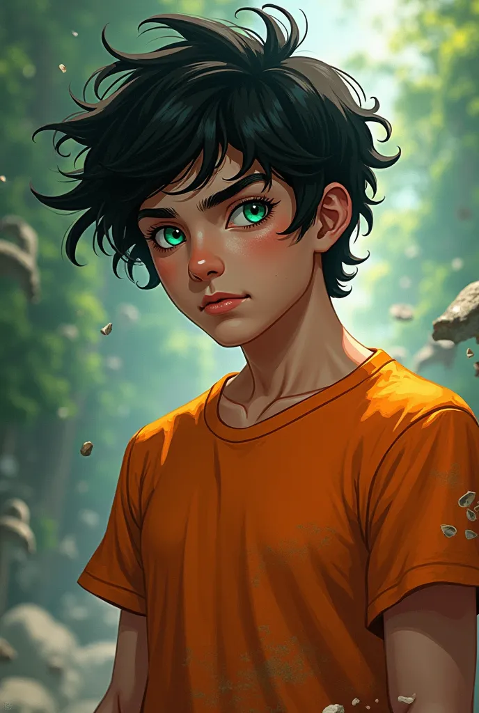  Percy Jackson .  attractive. messy black hair, eyes of the color green of the sea, athletic and muscular build. It always seems like I just got out of a fight or something chaotic. about 17 or 18 years old,, with the orange t-shirt of the mixed race camp