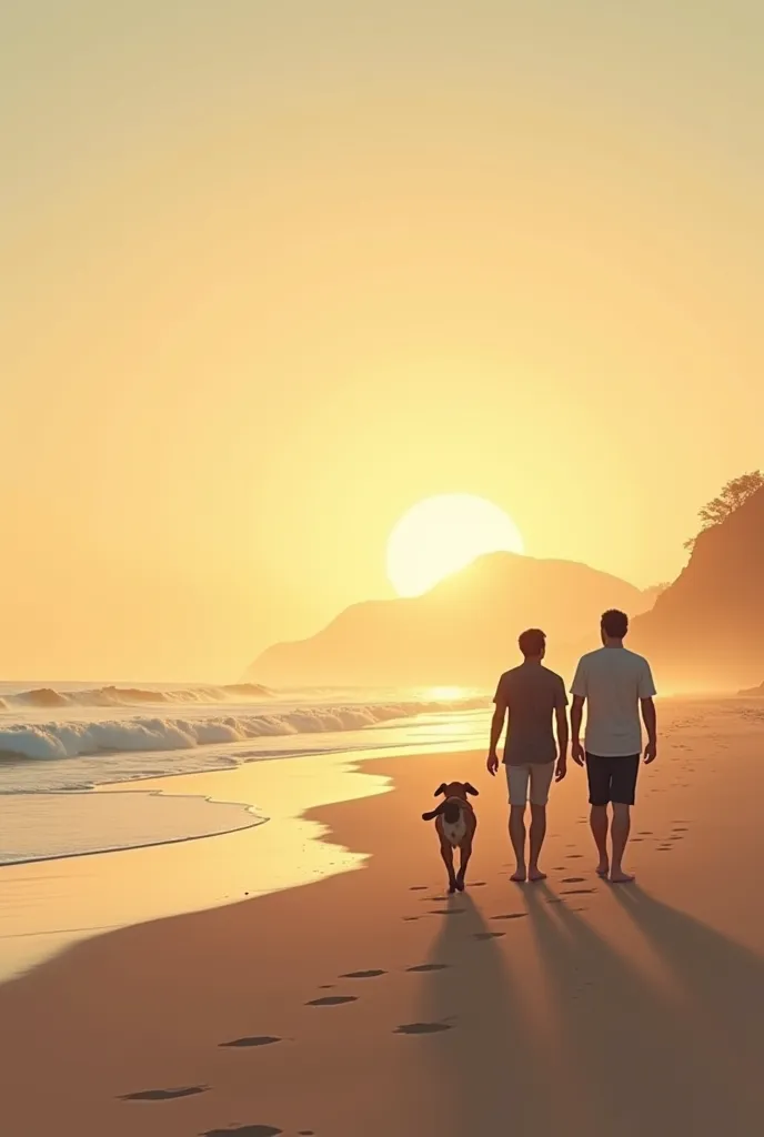 two men and a dog walking from afar on the beach sunrise horizontal image