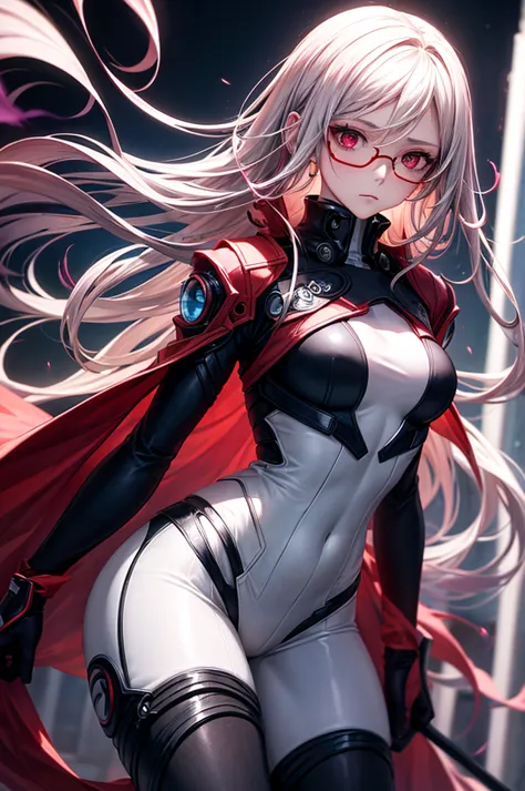 "A young woman of ethereal beauty with long pink gradient hair, glowing red eyes and a serene and mysterious expression. She wears a futuristic red and black costume, with orange accents,  that adapts perfectly to her body , transmitting an elegant and at ...