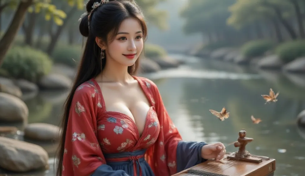 A beautiful Chinese woman wearing a traditional Chinese silk dress, ,Deep Magenta sexy and elegant with a traditional dress showing a very big and sexy breasts, sitting with Chinese Guzheng sitting on a large rock by the river, flying butterflies and calm ...