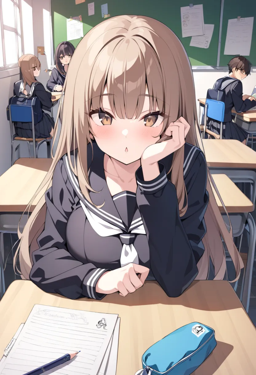 ((masutepiece, Best Quality)),Best aesthetic,1girl in, School uniform, desk work, Sitting, School Desk, Brown hair, crass room, Long hair, Indoors, Chair, Looking at Viewer, :P, Solo Focus, Brown eyes, Skirt, Long sleeves, Pencil, 1 boy, pencil case, paper...