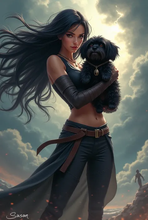 Animation pic of a female warrior with black long hair busty body holding a black female Shih Tzu. In the storms. Susan letters left corner 