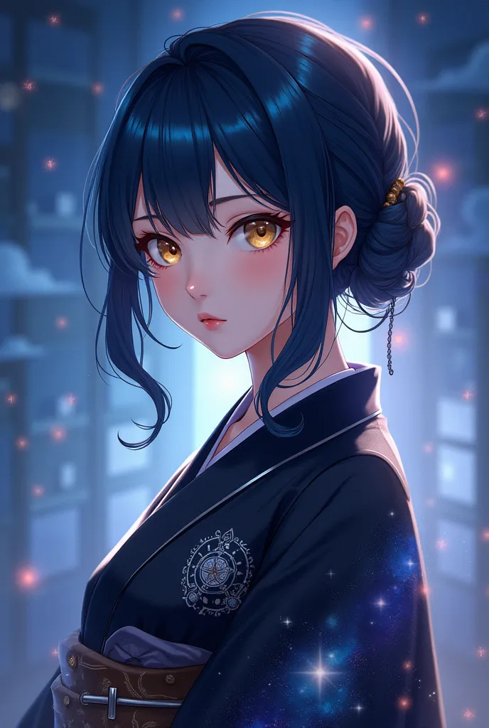 Hoshiko is a young woman of average height, with dark blue hair that shines like the night sky and is tied in a bun with loose threads. Her eyes are golden and twinkle like stars. She wears a black uniform with silver details, and her haori has a pattern t...