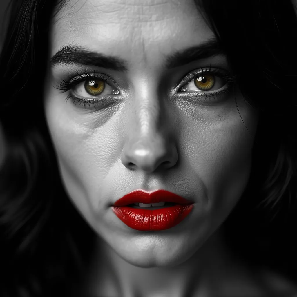 [a black and white portrait 9of a person with striking red lips and green eyes)], Tabletop, Highest quality, Realistic, Very detailed, finely, High resolution, 8k wallpaper, RAW Photos, Professional, High level of detail, 1 Brazilian Manl, (((Black and whi...