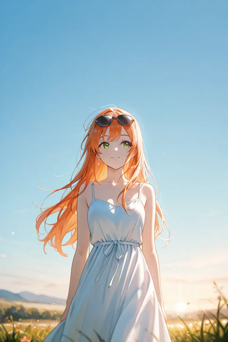  girl，Orange long hair，green eyes，Wear sunglasses，Spring vibes， white dress