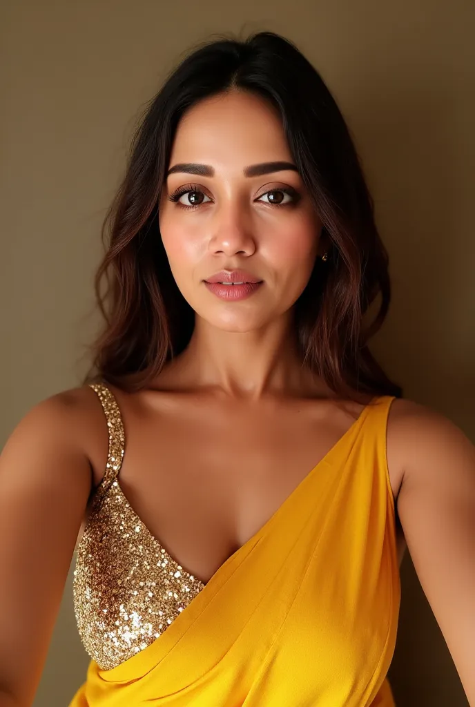 Generate a ultra realistic front image of a woman in a golden yellow sequins sleeveless saree. She is wearing a golden shimmering blouse with mirror sequins. It has no sleeves, has a golden satin finish with spaghetti straps. Face and body facing straight ...