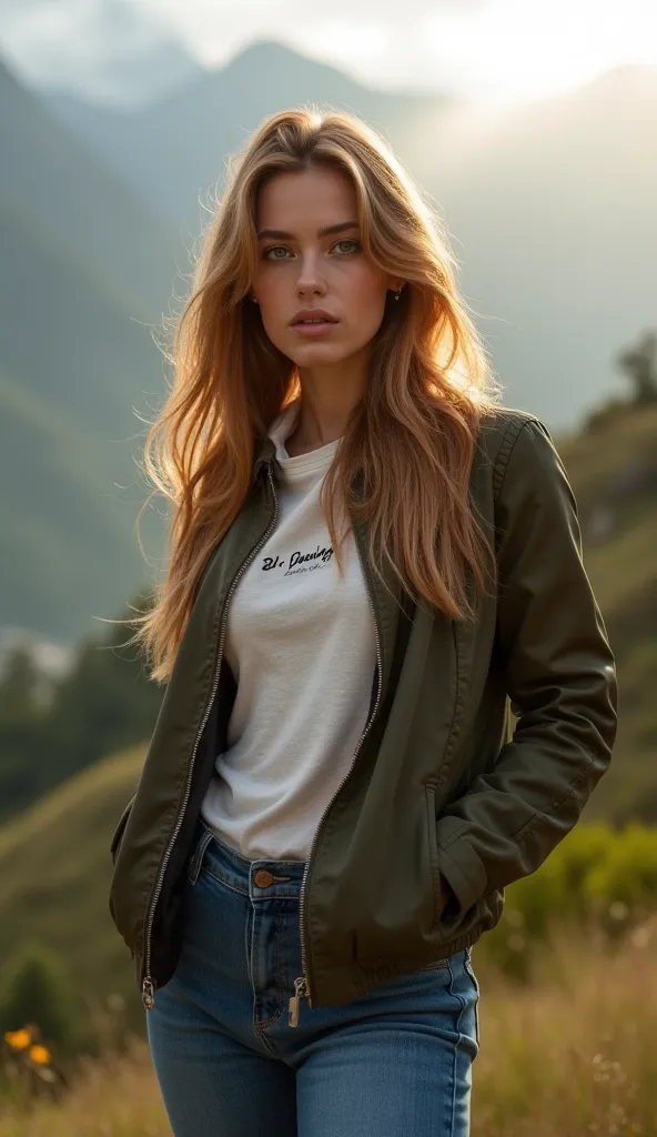 A beautiful Nordic Blonde woman standing gracefully in a picturesque Andean landscape, slightly turned in profile. She has long, wavy chestnut hair, fair skin, and striking green eyes. She wears a stylish fitted denim jeans and a modern jacket. On the left...