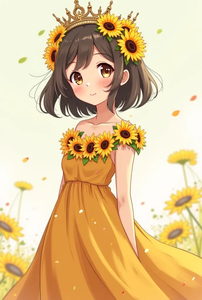 Create an animi wise girl with talent crown on head and with sunflower's dress