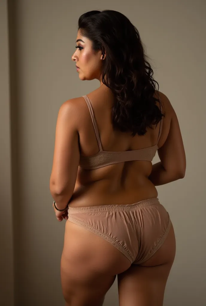 High-fashion artistic image of a 50-year-old Indian woman from behind, showcasing intricate lingerie with delicate fabric details. Soft lighting highlights texture and craftsmanship. Curvy, voluptuous figure with thick thighs, full bust, and striking featu...