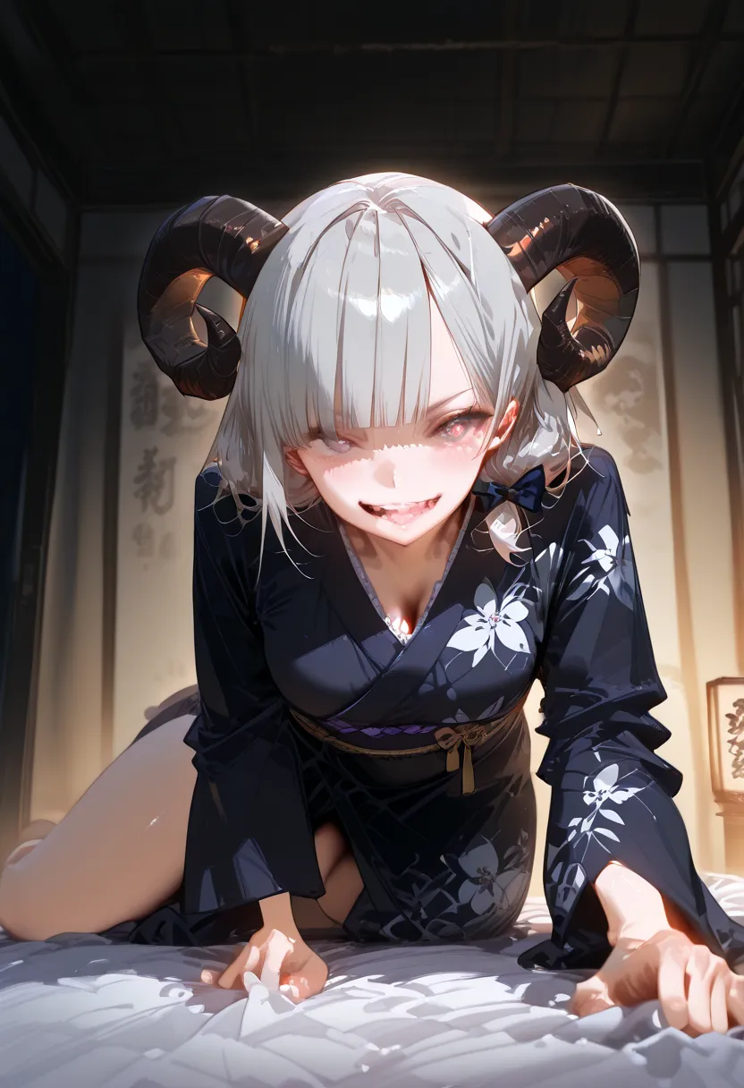 masterpiece, high quality, high detail, 4K,Ultimate SD Upscale, Hires.fix,  1girl , One picture, ecstasy、A higher perspective, full body illustration, 26 years old, Front face, Gray Hair,  double teeth, frill kimono,  gothic punk, yandere, menhela, asymmet...