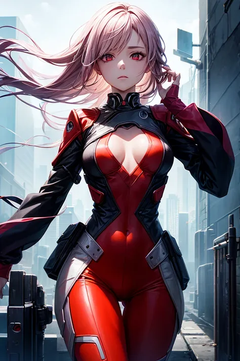 "A young woman of ethereal beauty with long pink gradient hair, glowing red eyes and a serene and mysterious expression. She wears a futuristic red and black costume, with orange accents,  that adapts perfectly to her body , transmitting an elegant and at ...