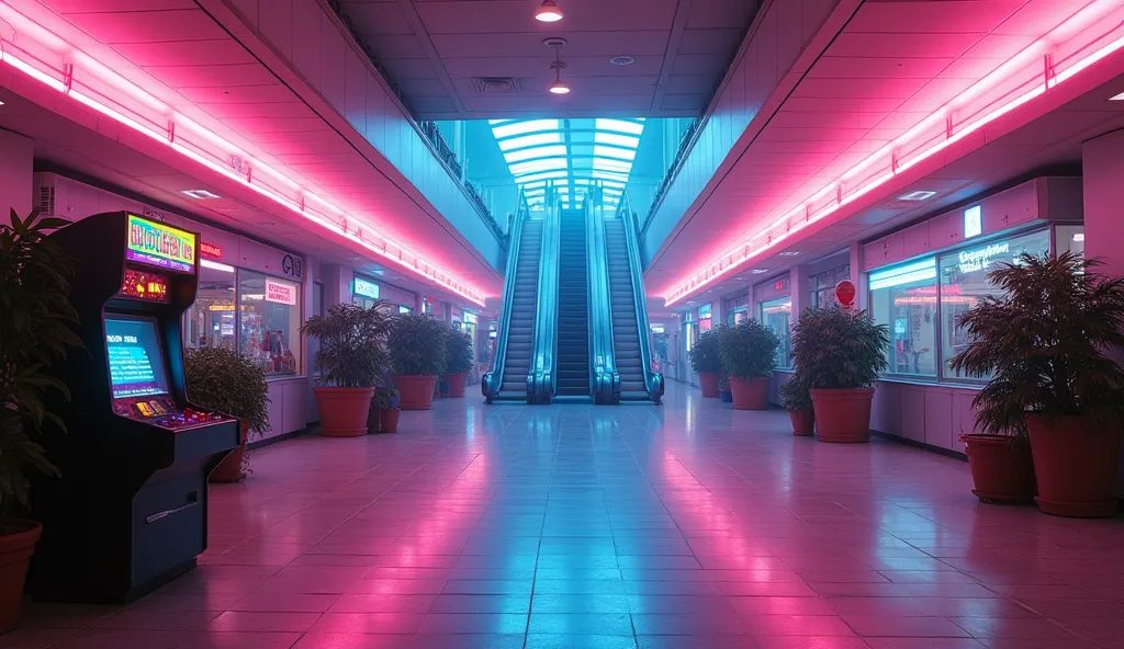 A vast, empty shopping mall bathed in the soft neon glow of the 1980s. The tiled floors reflect pink and blue hues from flickering store signs, while a lone escalator hums quietly in the distance. Potted plants sit motionless beneath the dim skylights, the...