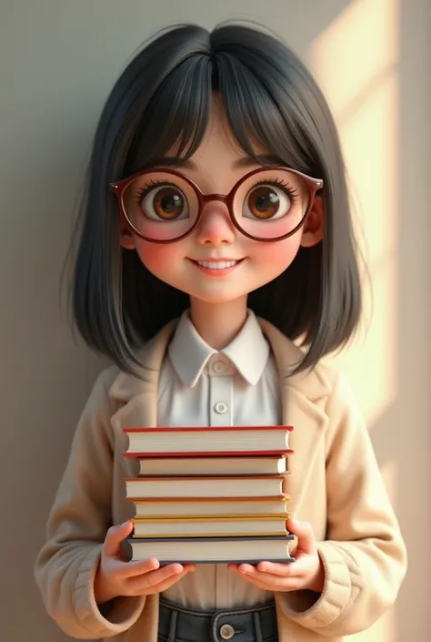 White teacher with glasses, Normal dark brown eyes medium and straight hair black with a wide smile books in the hand exuding pure doll-style magic 