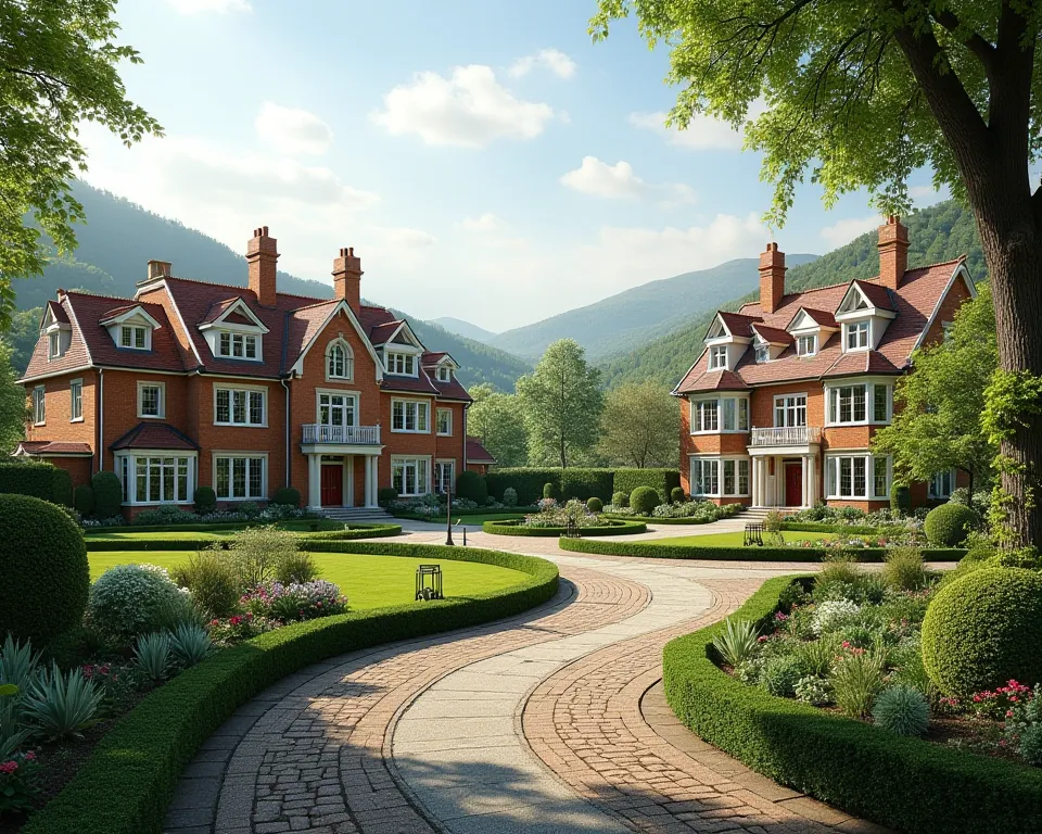 Create realistic and large images of a planned neighborhood with popular houses with English architecture, include in the front a garden of green grass trimmed with trees and flowers. 