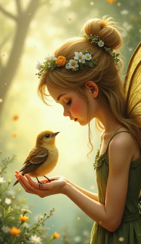 An illustration of a tiny fairy’s profile. In her palm sits a (tiny baby bird) facing the tiny fairy. The scene harmoniously blends the tiny fairy’s graceful expression with the bird’s endearing presence, creating a fantastical atmosphere.