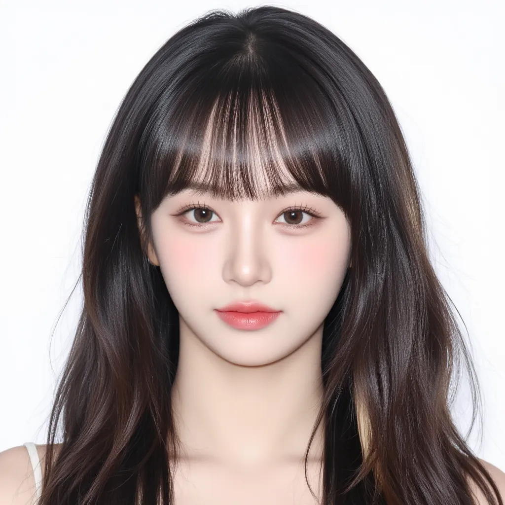 A kpop girl, korean, long black hair with blonde highlights, pretty, unique, visual, gorgeous, basic, trainee photo, plain white background 