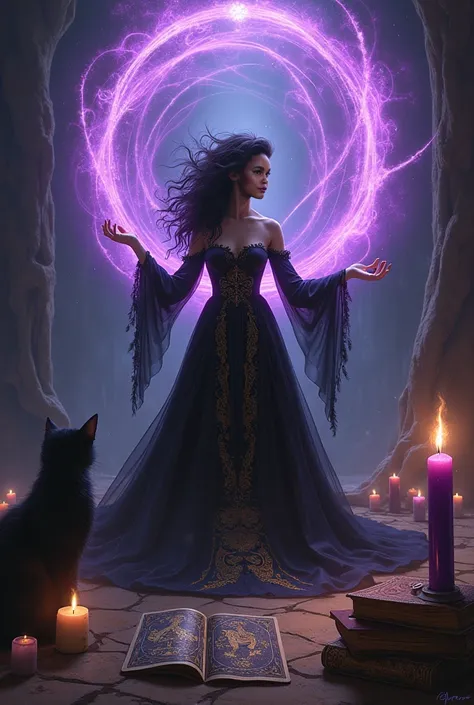 witch, Tarot, Magic circling, can, purple, rosa, brilliance, obscure, paper, Beleza, olhar canoso, black cat, Purple candle, black gold dress,  frizzy hair 