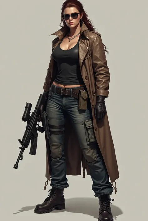 Big strong woman criminal wearing belted jeans holding assault rifle and wearing sunglasses