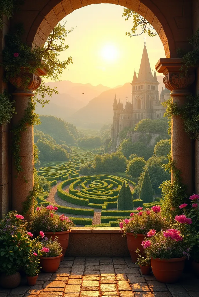 Small balcony, filled with flowers and plants, in a castle overlooking the labyrinth which is just below the balcony. 
Warm light. At sun set. 
