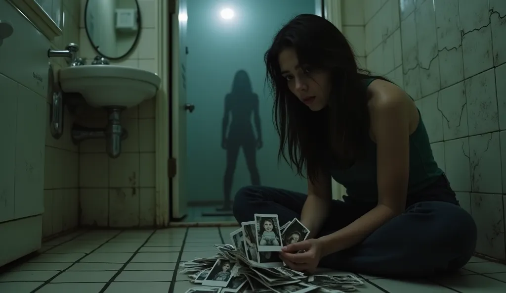 A dimly lit bathroom with cracked tiles and a small, fogged mirror. A young woman with dark hair and green eyes (Maya) sits on the cold floor, holding a pile of old polaroids with trembling hands. The photos show a young girl with dark hair (Emily) smiling...