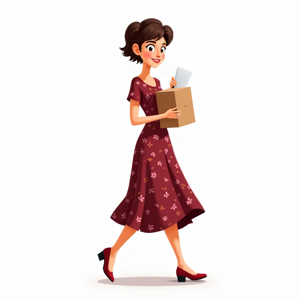 Present Continuous Prompt (Semi-Realistic Cartoon Art - White Background):
A stunning young woman, 27 years old, with short, stylish hair, is actively carrying an item toward someone, carefully holding it with both hands. Her dark red floral dress flows sl...