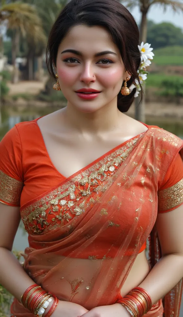 Pakistani woman, full-figured, dressed in traditional attire such as a colorful saree with a beautiful matching blouse. She should have dark hair adorned with jasmine flowers and medium-sized earrings. She is standing confidently, radiating charm and poise...