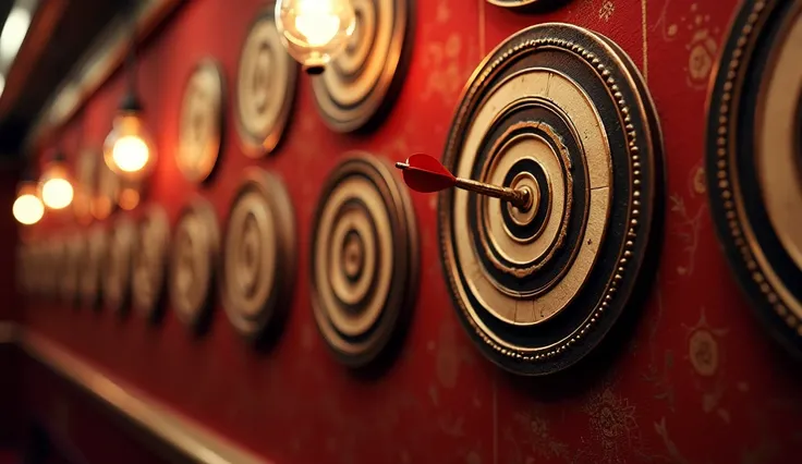 image of a wall with several dart targets , all of them with a dart in the center, image in a retro tone with retro colors, the image should reflect a luxurious wall as if it were from a very rich casino