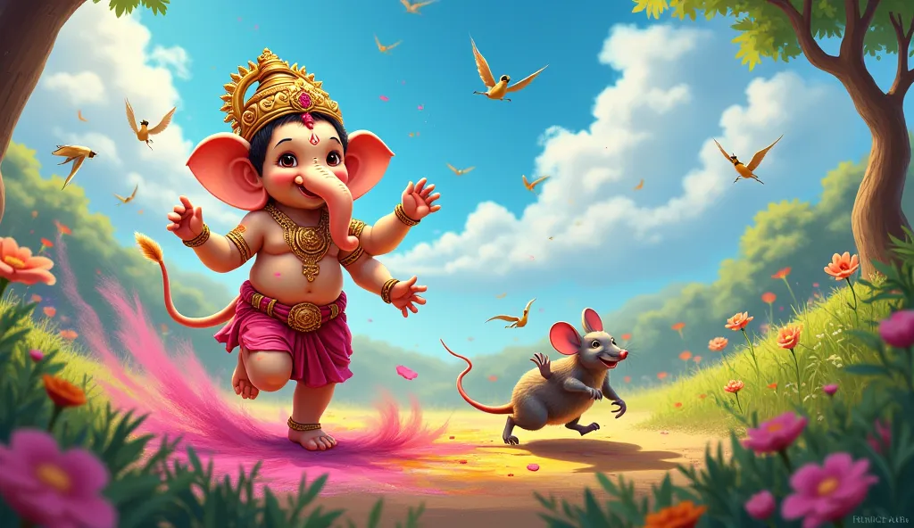 Little Lord Ganesha Playing holi with Mushakraj and earth friends