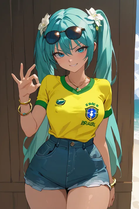 hatsune miku brazilian, ((girl making lewd penetration gestures)), ((girl full of naughty expression)), (young girl), BREAK girl, coquette girl, golden bracelets, necklaces, flower hair ornaments, dark glasses on the head, blue hair, twintails, long hair, ...