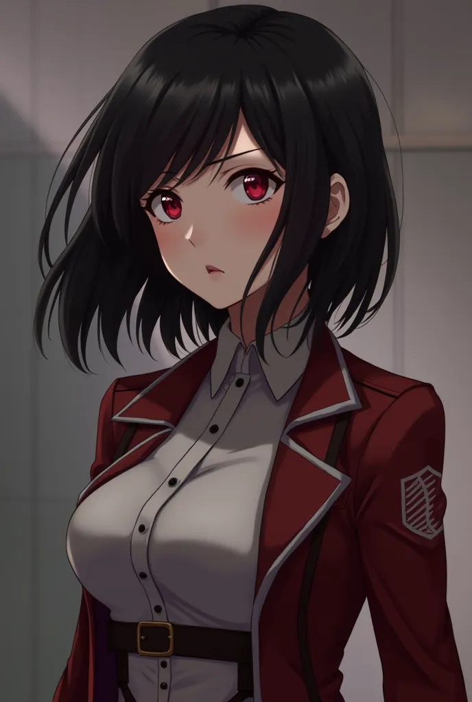 An attack on titan digital art, of a age anime adult. She had black hair, and bright red eyes. Her outfit is the suit for the attack on titan survey corp. She has a frown, and she is currently looking into the distance.