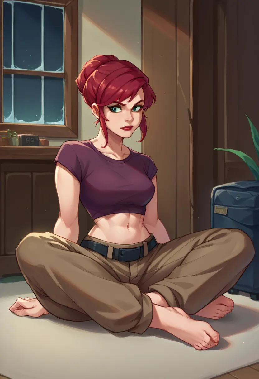 score_9,score_8_up,score_7_up BREAK april2003,1girl,short hair,shirt,navel,green eyes,red hair,midriff,belt,pants,crop top,makeup,lipstick,brown pants,cropped shirt,room,room background, full body, sitting, feet, barefoot,