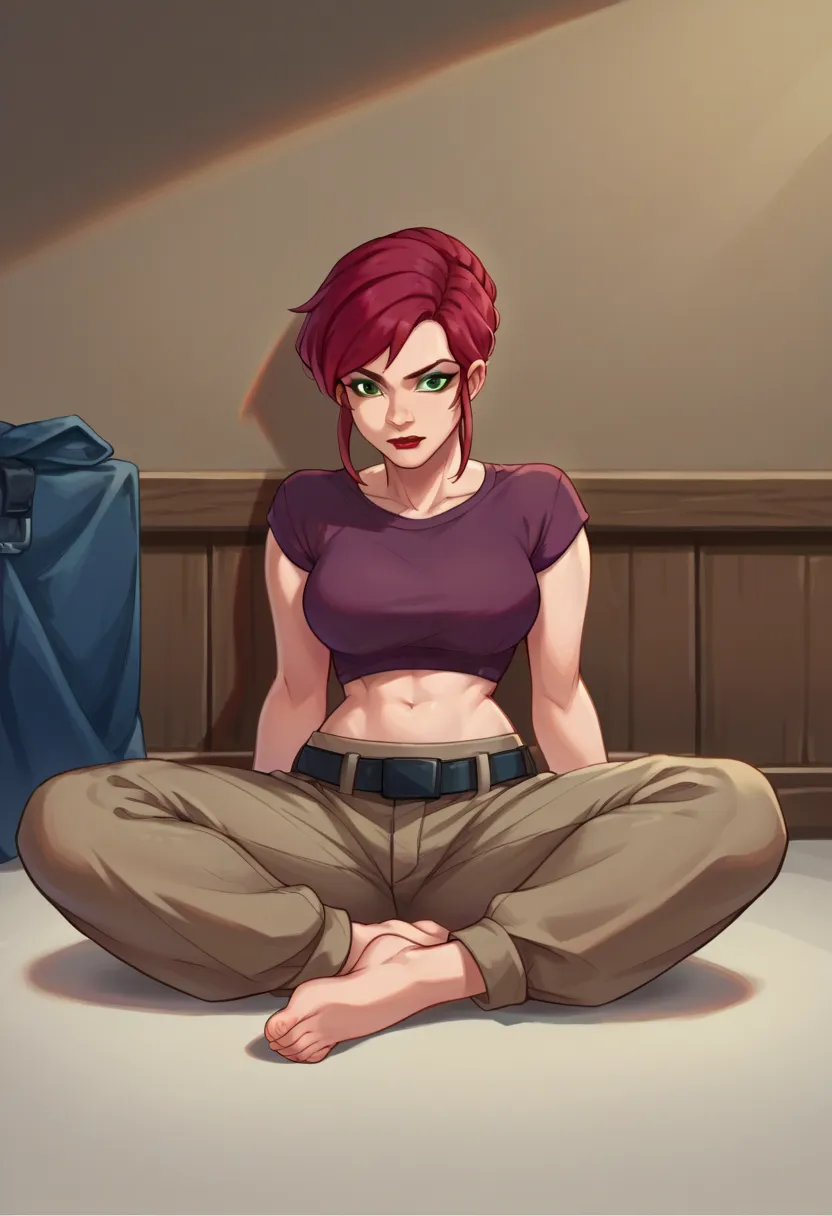 score_9,score_8_up,score_7_up BREAK april2003,1girl,short hair,shirt,navel,green eyes,red hair,midriff,belt,pants,crop top,makeup,lipstick,brown pants,cropped shirt,room,room background, full body, sitting, feet, barefoot,