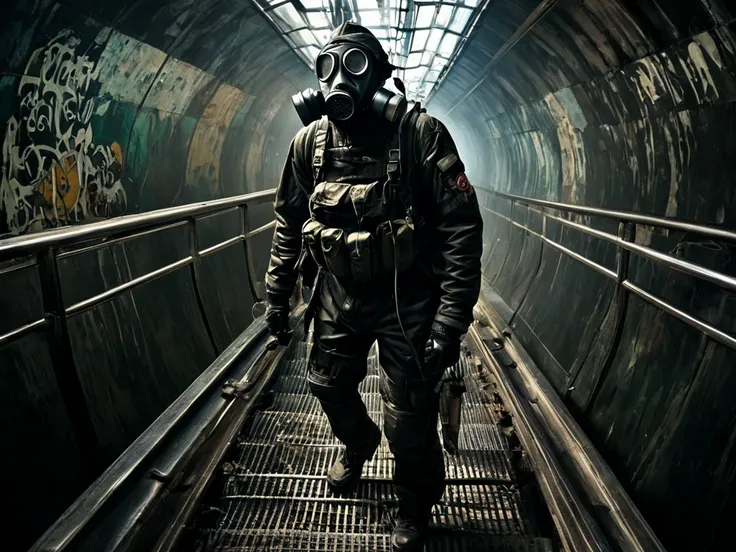 Make an image of a stalker from Metro 2033, these are the descriptions with which you will have to wear a protective stalker suit in black, designed to resist radiation and protect against pollution. The suit is made of a dense material, with a gas mask ha...