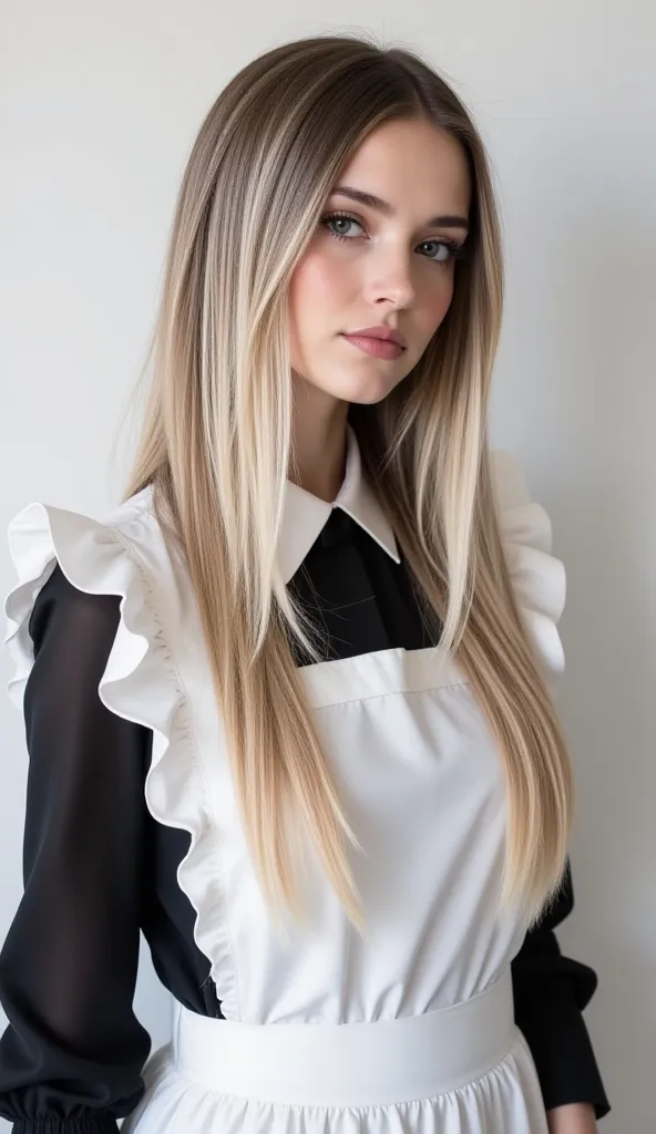  Silky Smooth Hair 、Long two-tone hair with white blond hair and black hair、hairstyles are straight、long hair that reaches the chest、maid clothes、ponytail