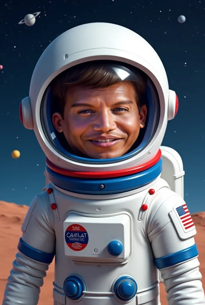 Generate an image with that face, dressed in a white astronaut suit with blue and red details. He must wear an astronaut helmet that allows you to clearly see his smiling and charismatic face. The background must represent a space landscape with stars and ...