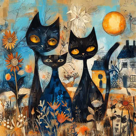 Checkered patchwork, with crumpled paper, rags, cracks. Stylized figures, hand-drawn, precise details, with ink and bleach stains mixed with blue and ochre. Cats, long necks, tails, women. Cats hugged, kissed, stroked. Flowers, houses, beaches, skies, suns...