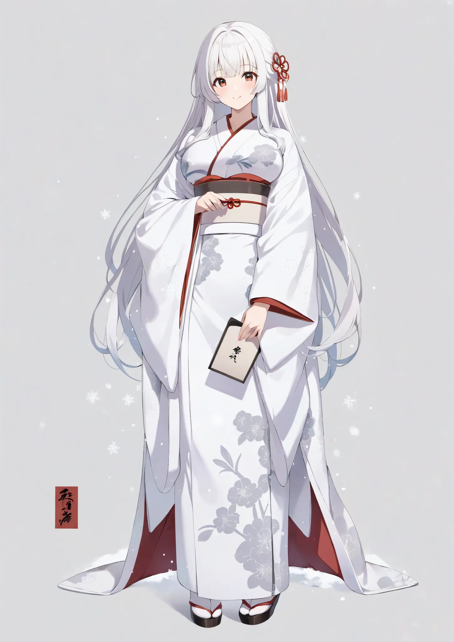  White Kimono 、  with white hair 、Soft and fluffy、Gentle、Yamato 、is young、cute、Big Breasts、 retro modern、She holds a fan in her hand、Let snow fall in the background