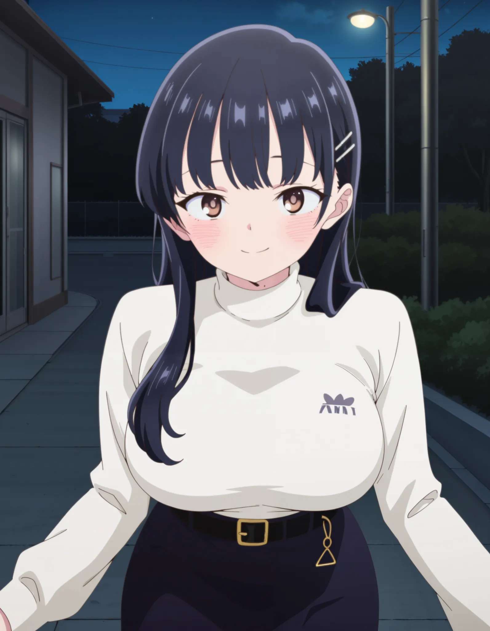 masterpiece, best quality, amazing quality, anime coloring, perfect quality, yamada anna, 1girl, breasts, mole on neck, solo, breast, large breasts, Anna, black hairpin, white turtleneck, long sleeves, black belt, black skirt, black thigh boots, black hair...