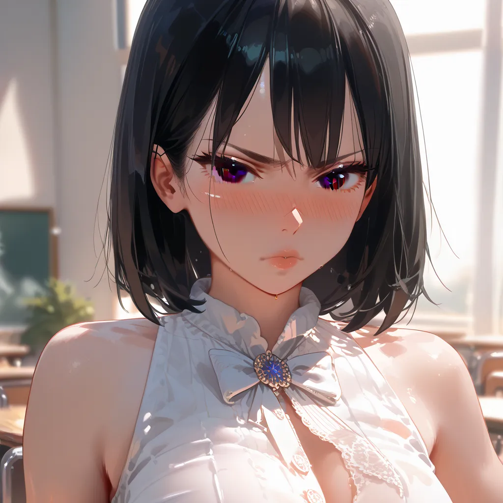 Alta resolución, 8K, 4k, HD, Short woman, of 1.50 meters, serious guy, serious expression, small blush , flaquita, very sexy, small waist,  black-haired ,  black eyes, school