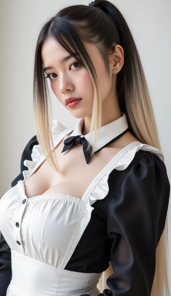  Silky Smooth Hair 、Long two-tone hair with white blond hair and black hair、hairstyles are straight、long hair that reaches the chest、maid clothes、ponytail