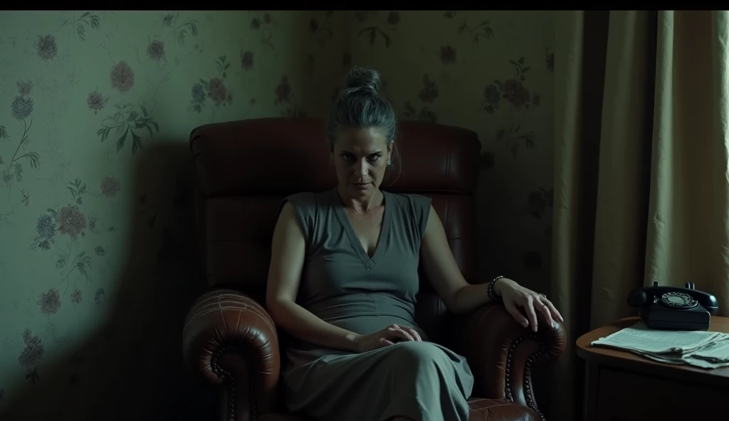 A dimly lit hotel room with a faded, floral-patterned wallpaper peeling at the edges. A woman with graying hair in a severe bun, wearing a worn gray dress, sits motionless in a cracked leather armchair in the corner. Her face is partially obscured by shado...