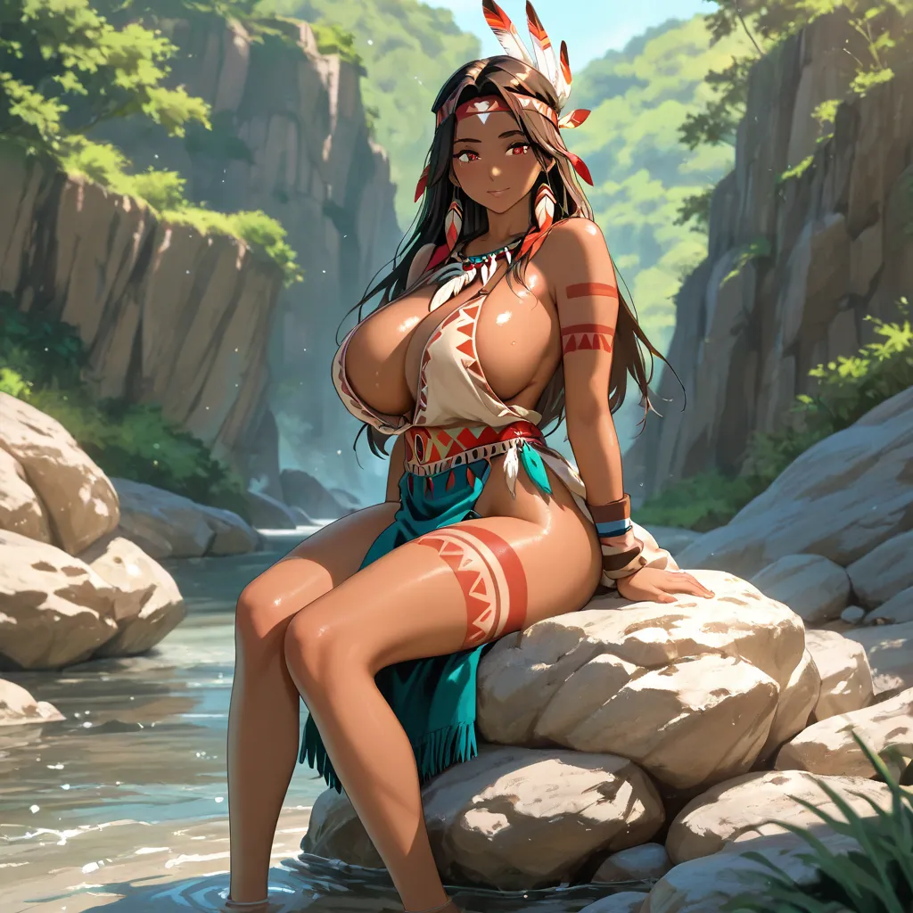 Anime woman in the form of a Native American chief, huge partially naked tits, High quality, high detail, skin slightly sparkles, in thongs , sit outdoors on a big rock,the sun is shining into the frame
