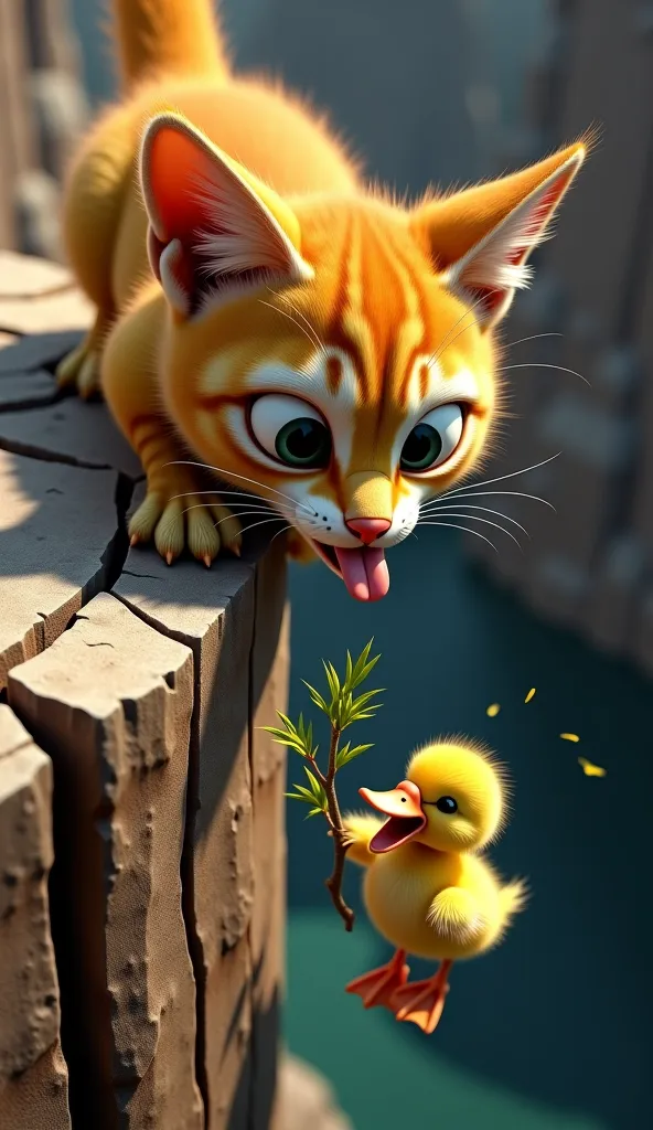 Hyper-Realistic Photograph of The Gato looking down with an expression of sheer disbelief, its oversized eyes locked onto the tiny, desperate duckling dangling from a fragile bush below. The golden fur on its forehead is slightly furrowed, its mouth open j...