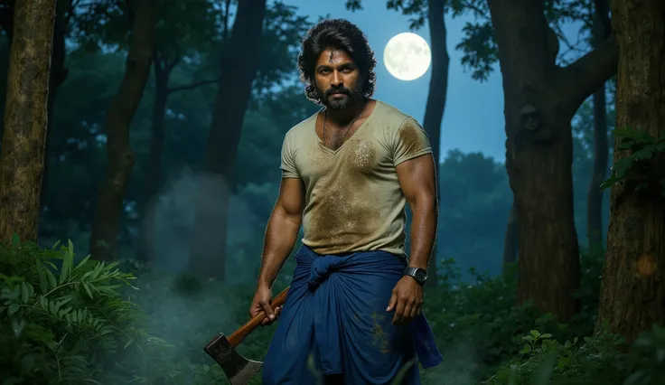 "A rugged man with thick, wavy hair and a beard, resembling Allu Arjun as Pushpa Raj, standing confidently in a dense jungle at night, holding an axe in one hand. He is wearing a blue lungi and a dirty t-shirt, with sweat and dirt on his face. The moonligh...