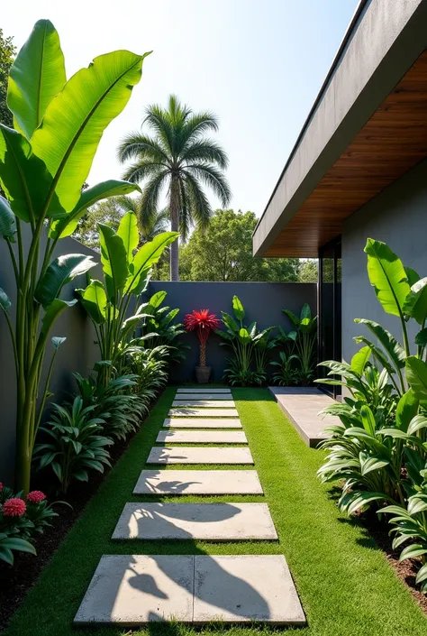 Make a residential garden on a plot 20 in front by 30 in the background inside this place Palmeiras around the walls, the wall in gray, floor plans such as roofing, bromeliads and heliconias, of the small red flower, a lawn and concrete treads.