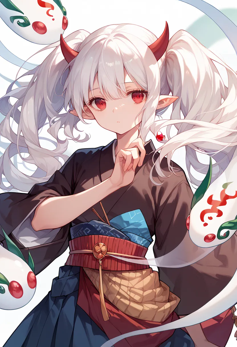 masterpiece,Hi-Res,Best Quality,8k
(ghost ogre and snow rabbit, long hair, red eyes, twintails, white hair, horns, pointy ears, albino)
(japanese clothes)