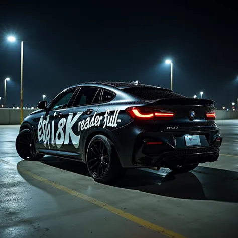 BMW x6 at night in a parking lot with graffiti on the car that says Espi 8k reader full 